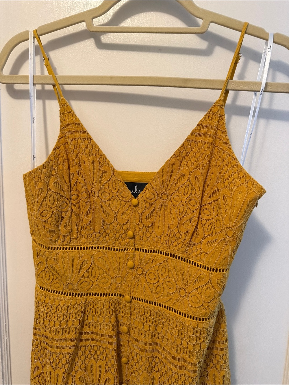 Lulu's Mustard Crochet Midi Dress with Spaghetti Straps - Picture 6 of 6